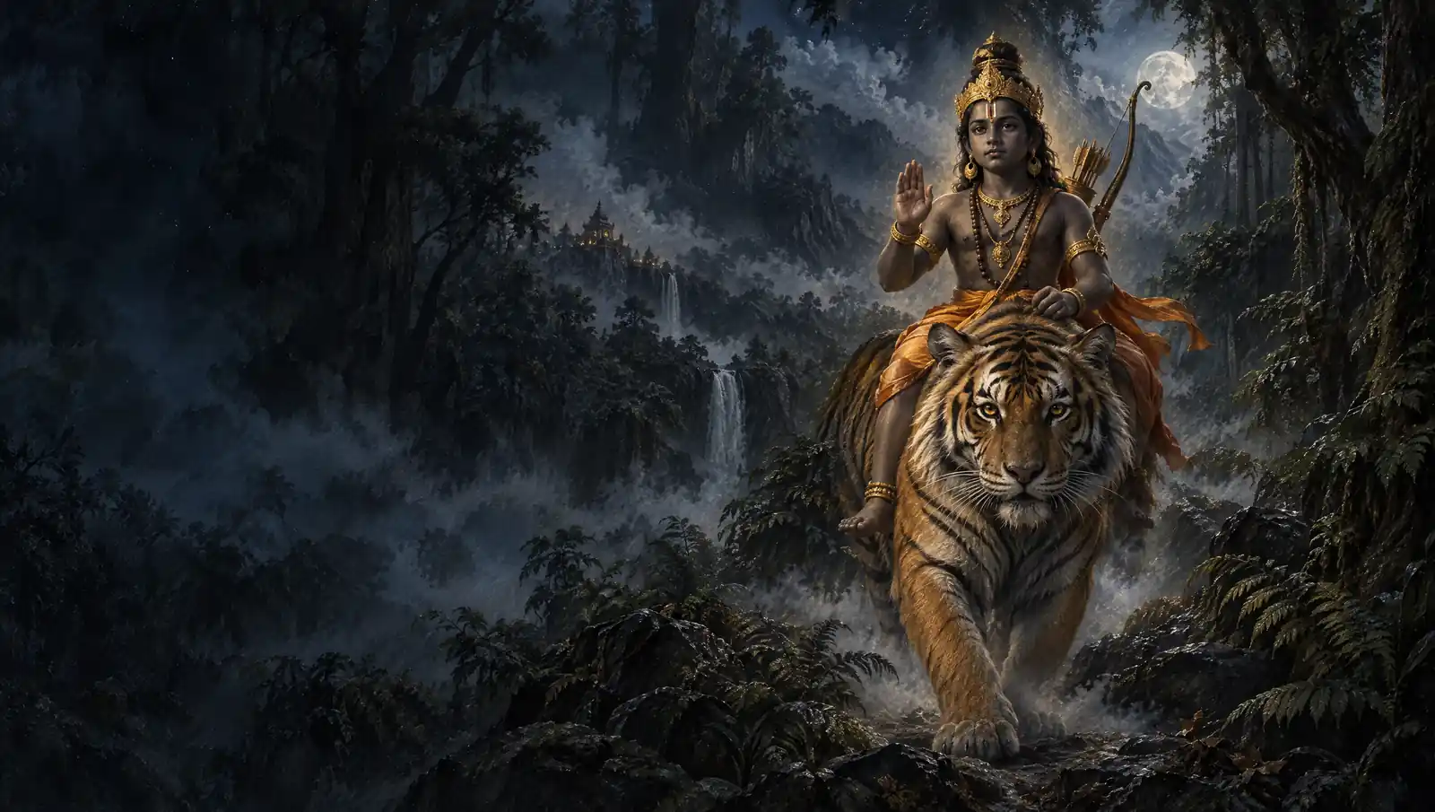 Lord Ayyappa as the young Manikandan riding a tiger through a moonlit forest