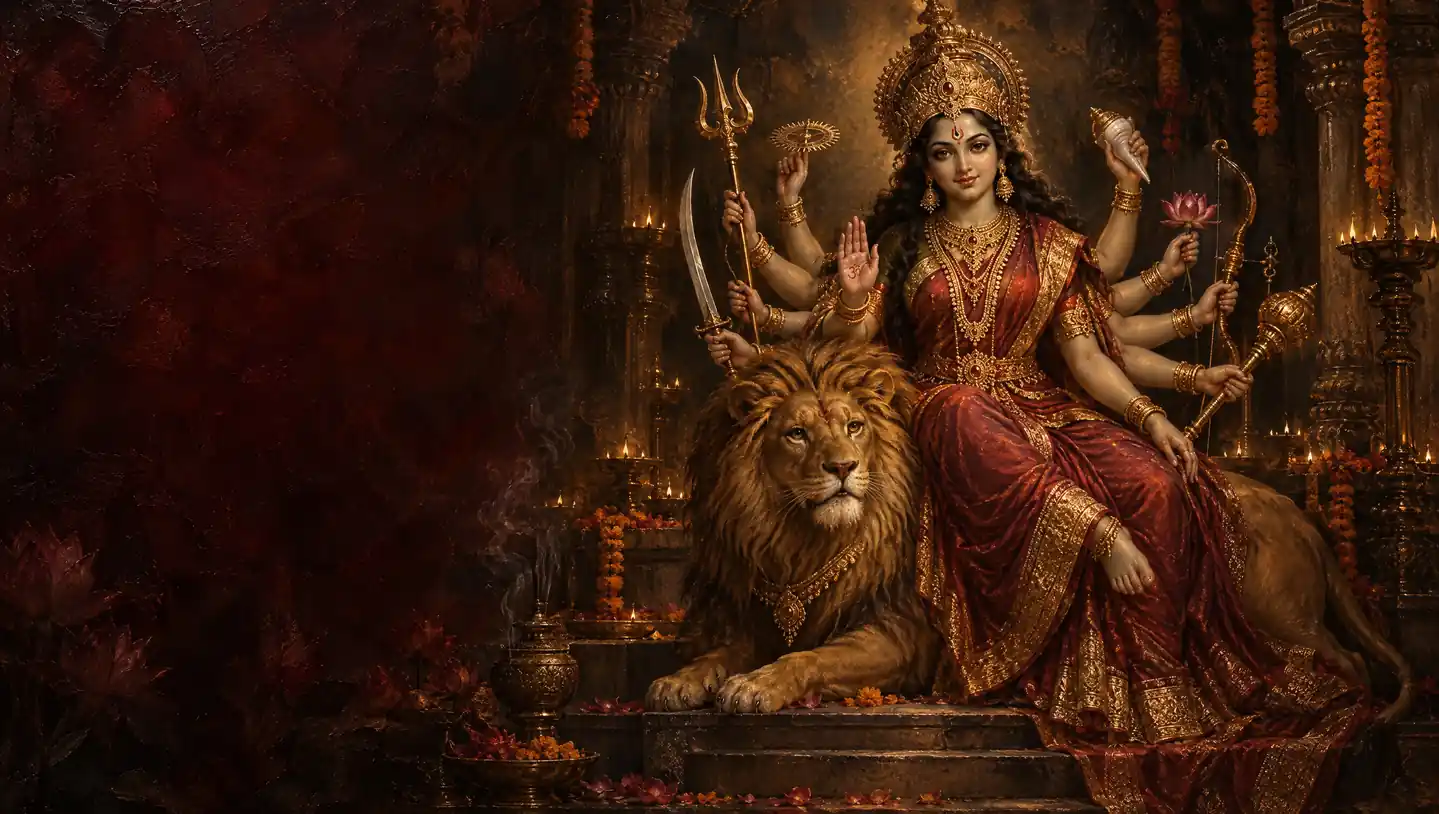 Goddess Durga with ten arms seated on a lion in a lamp-lit temple hall
