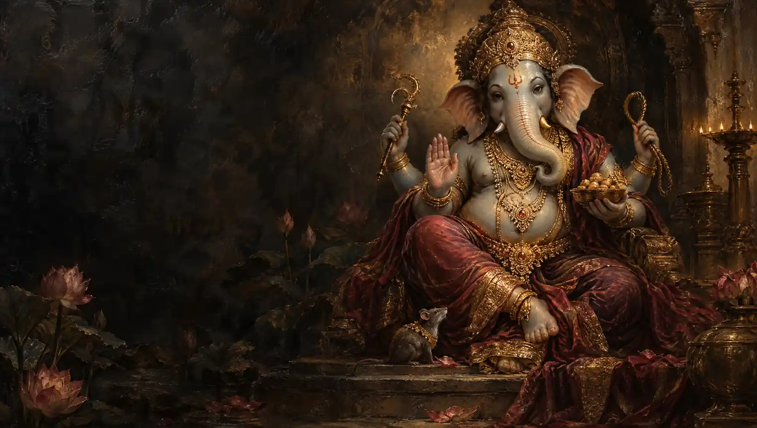 Lord Ganesha seated in warm golden light beside a lotus pond