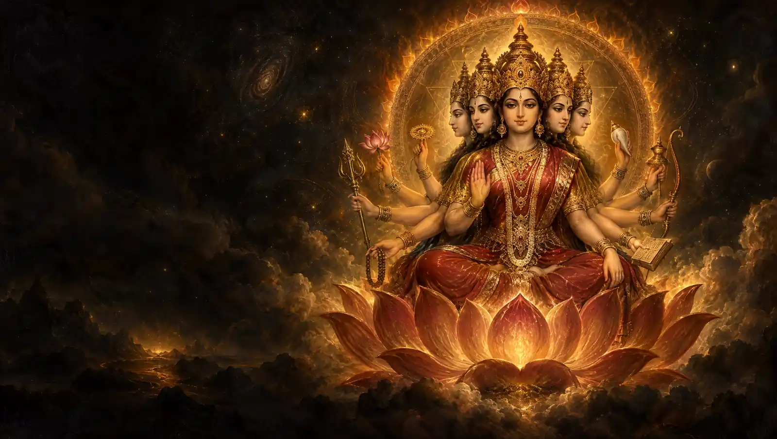 Radiant golden sunrise with the divine Gayatri in glowing light