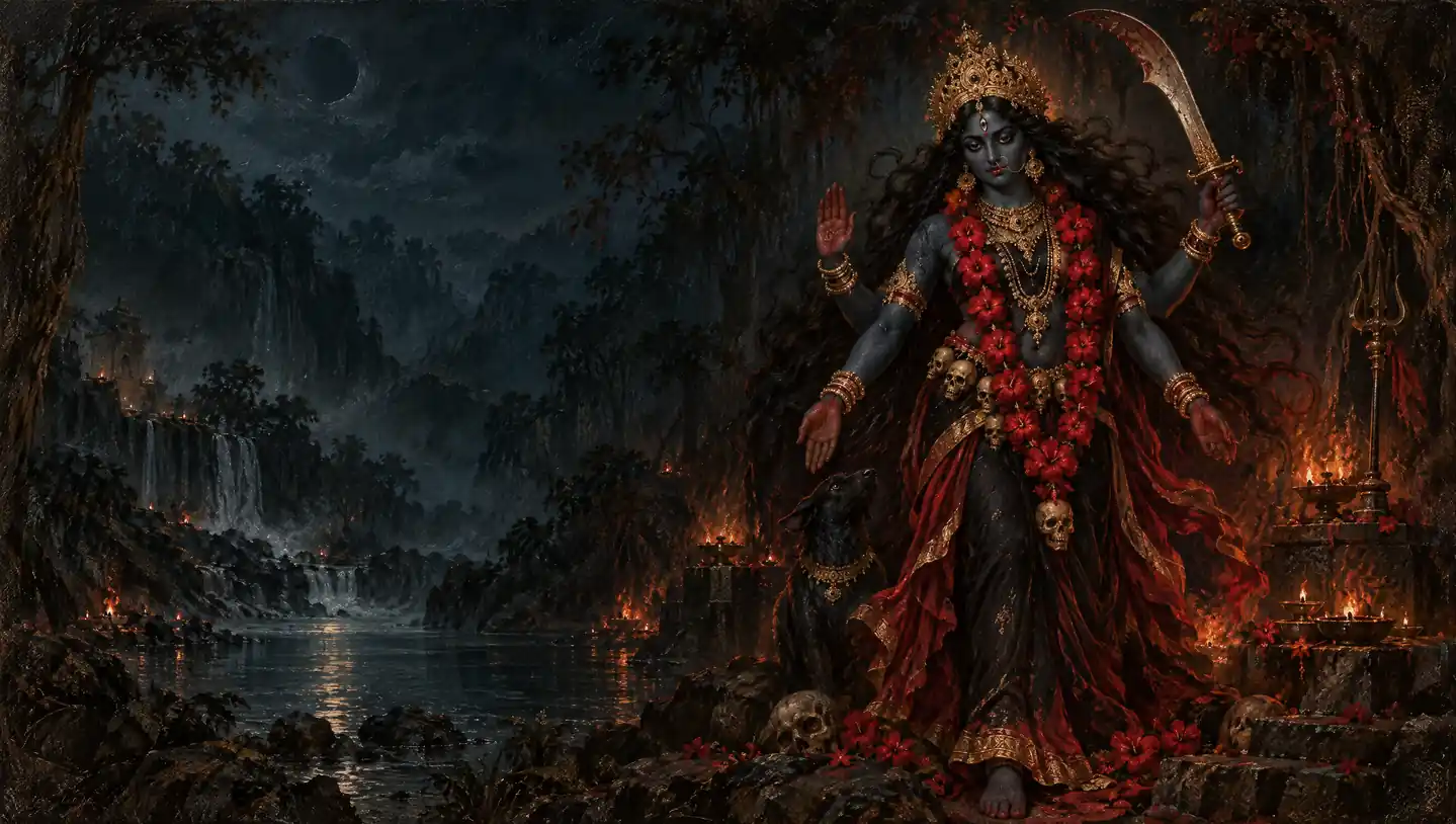 Goddess Kali with a sword and hibiscus garland in a lamp-lit forest at night