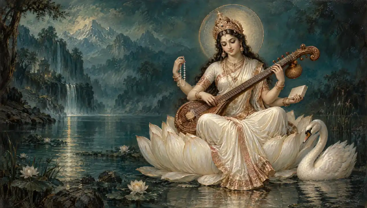 Goddess Saraswati in white on a lotus with a veena and swan in a serene teal glow