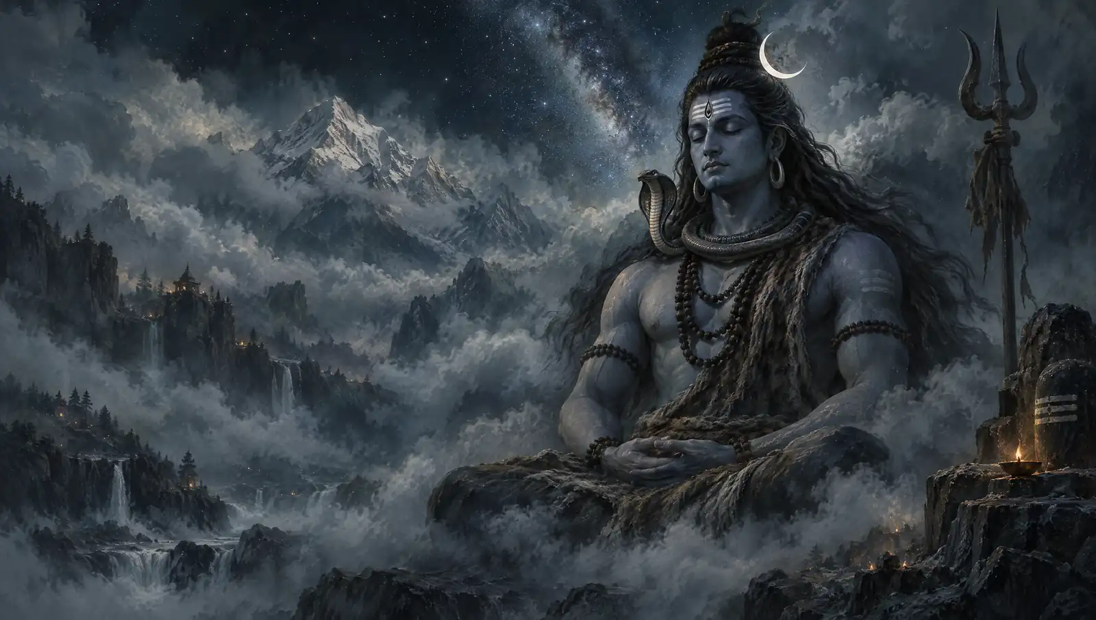 Lord Shiva meditating under a crescent moon in a misty night sky